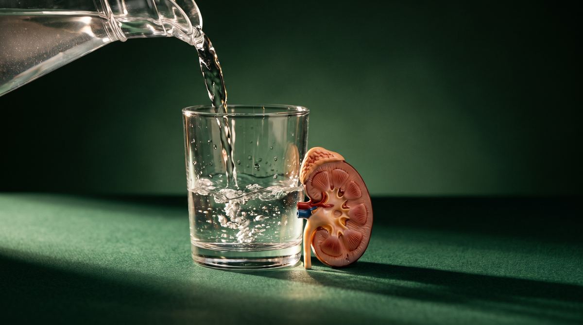 Copo de água sendo servido, simbolizando hidratação na prevenção de cálculo renal