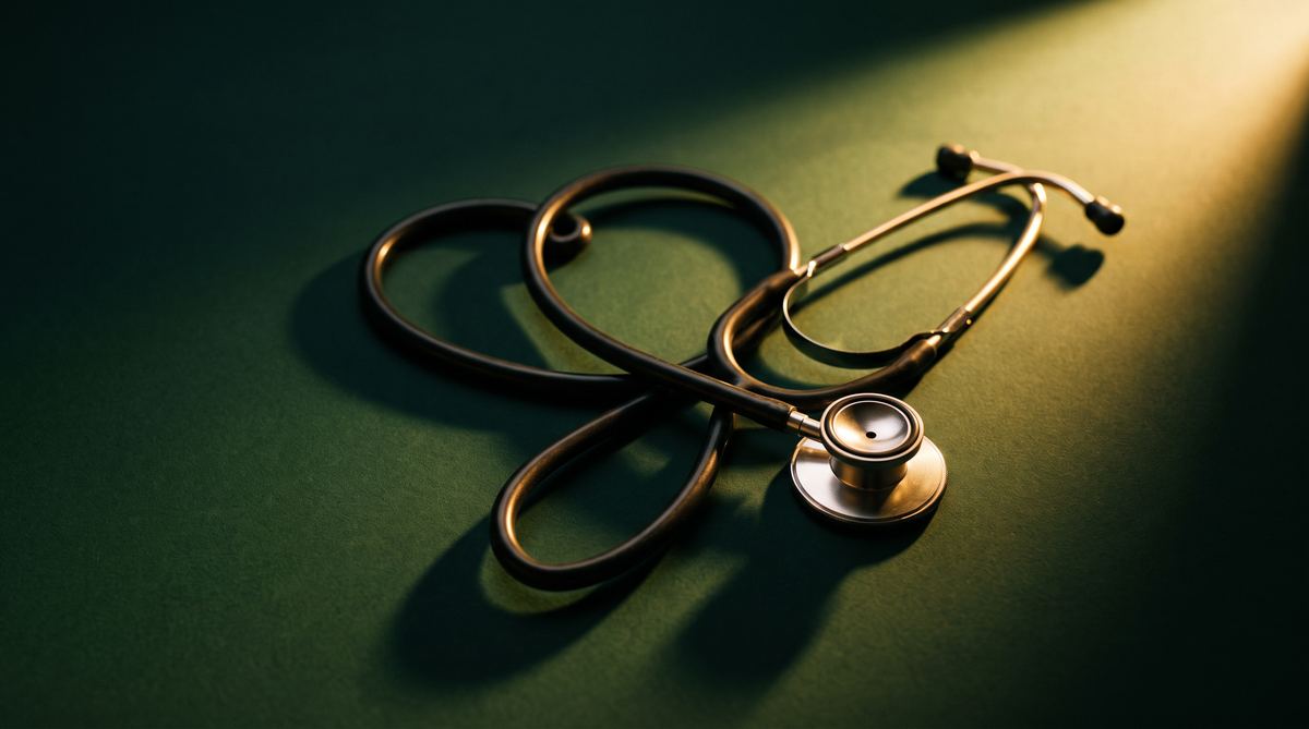 Estetoscópio em formato de coração simbolizando a relação entre saúde cardiovascular e disfunção erétil