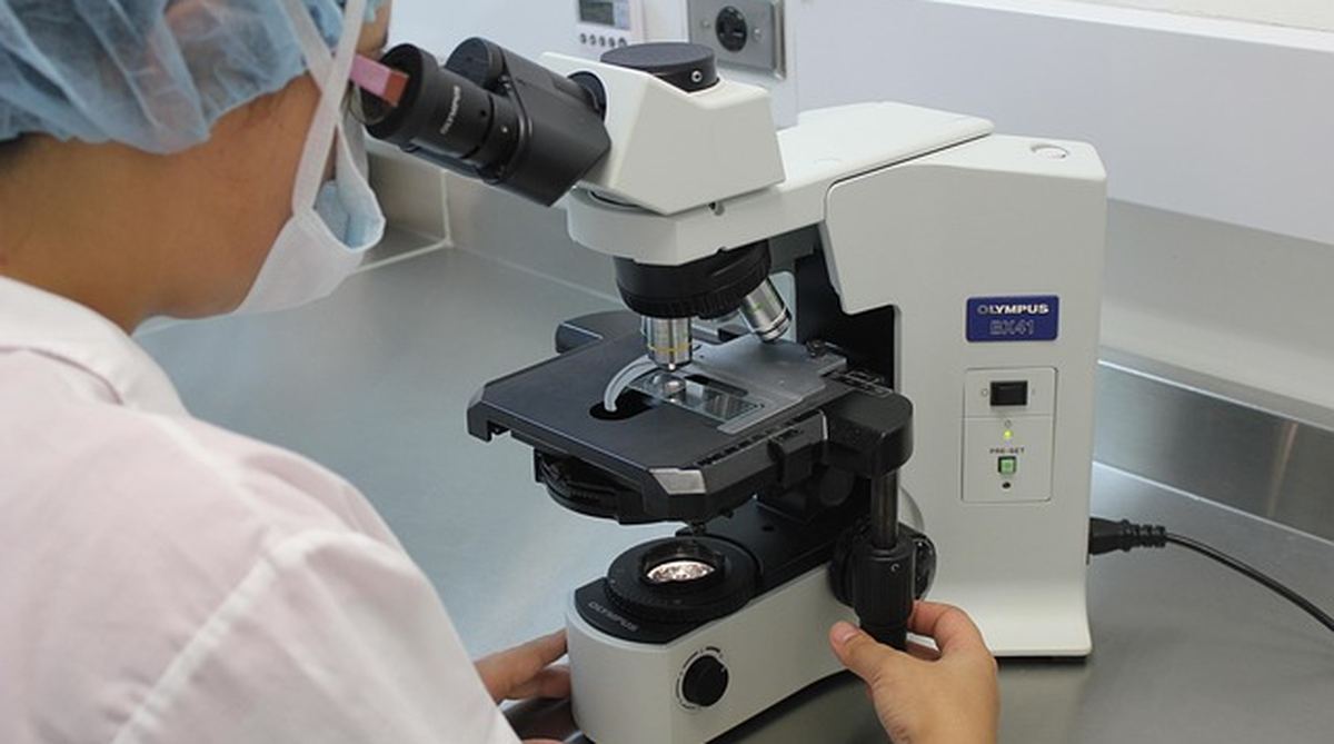 Técnico de laboratório analisando amostra ao microscópio durante o espermograma