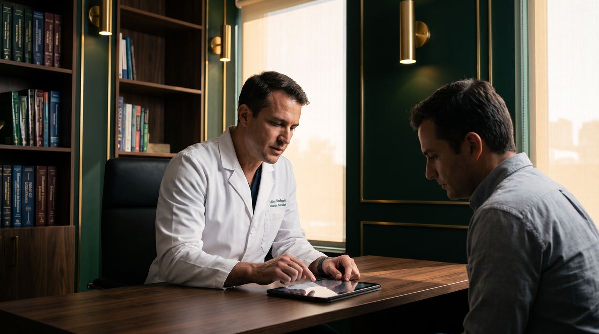 Urologista explicando cirurgia de postectomia em Brasília