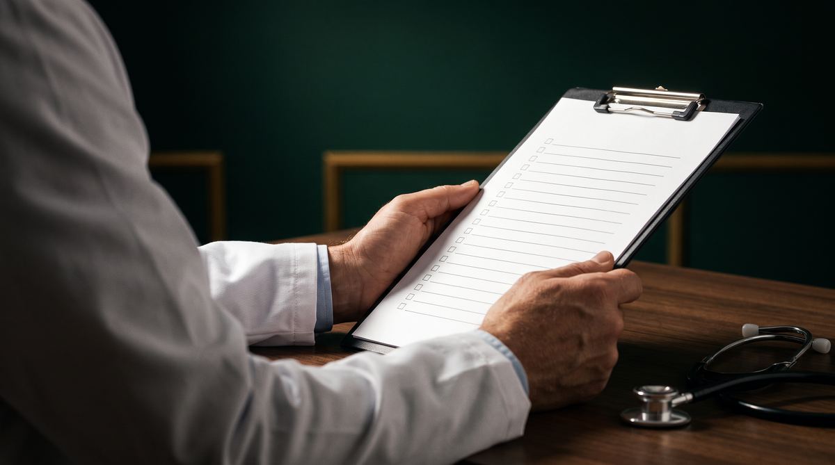 Médico preenchendo avaliação clínica para cirurgia de vasectomia